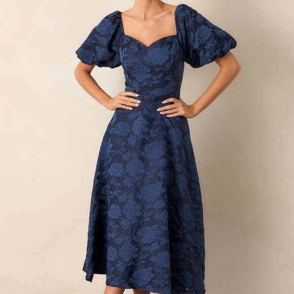 Red Dress Starlit Evenings Navy Floral Jacquard Midi Dress Size MM / Navy - Picture 3 of 3
